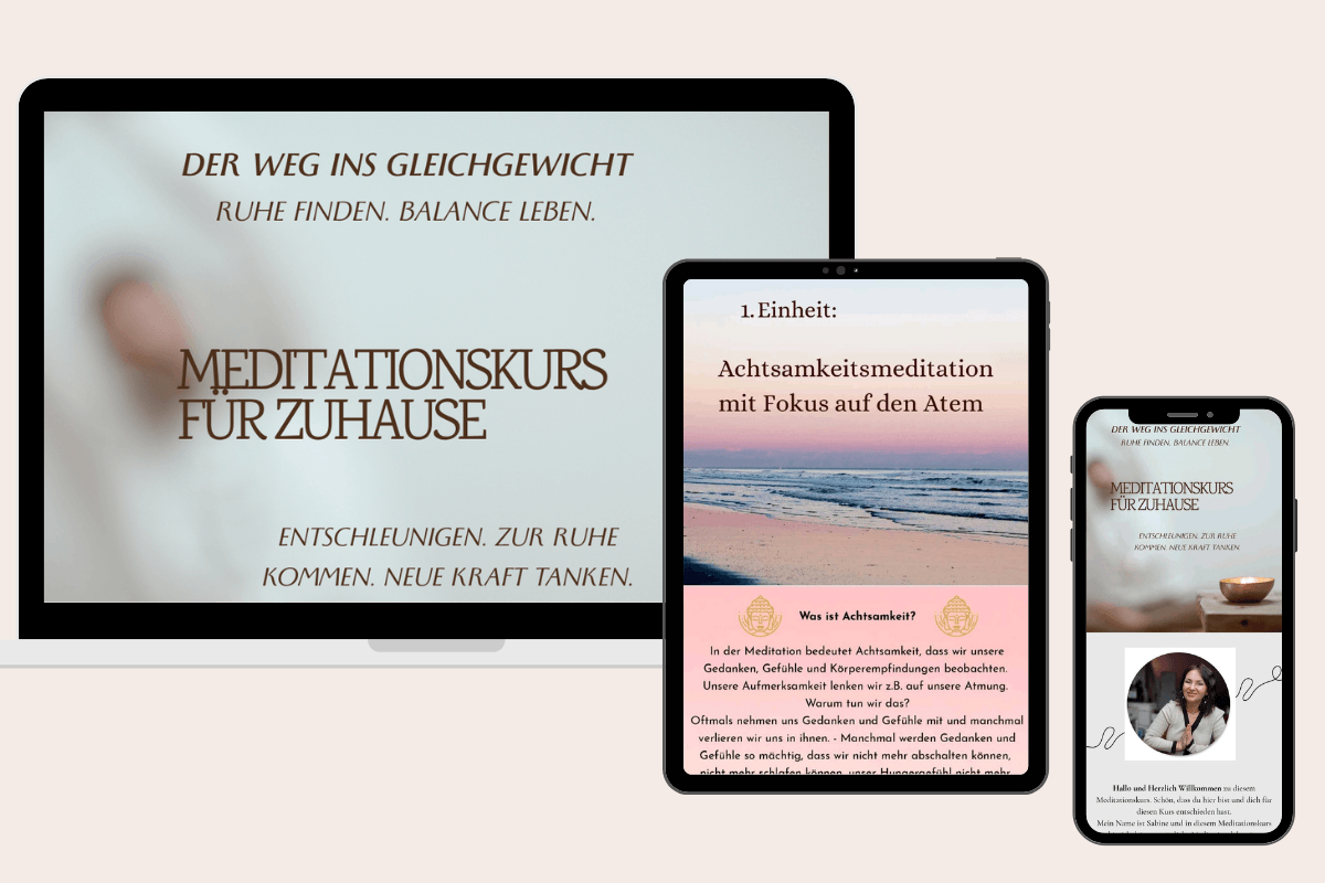 Ein digitaler Meditationskurs, der dich aus dem Stressmodus heraus und in den Entspannungsmodus hineinführt. Mit 7 kraftvollen Einheiten und Meditationen von Sabine Amet